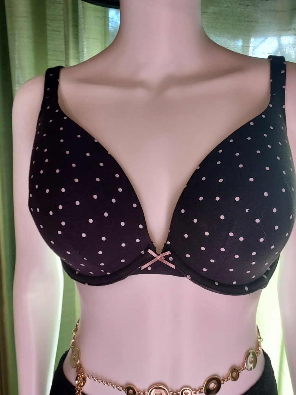 Cacique Plunge Bra in Black Polkadot w Cushion Cup Underwire. Sz. 34F